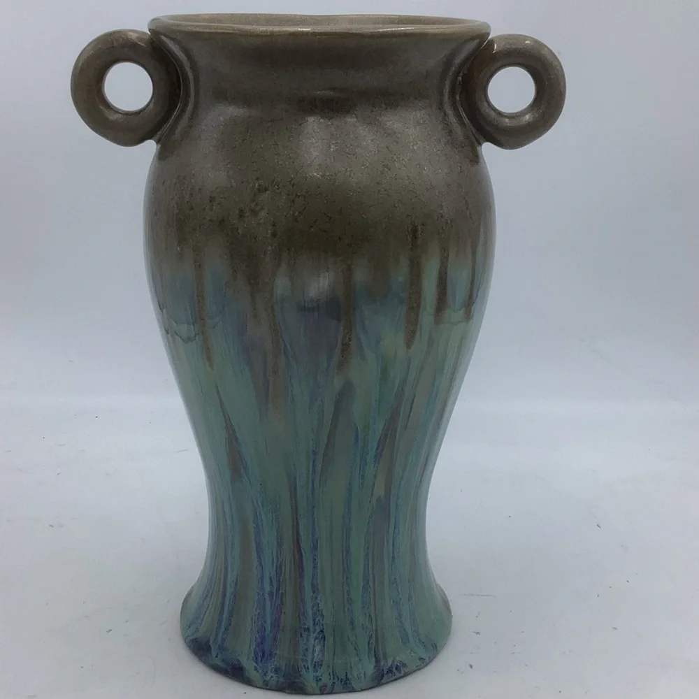 Brown Ceramic Vase with Turquoise Glaze and Round Handles